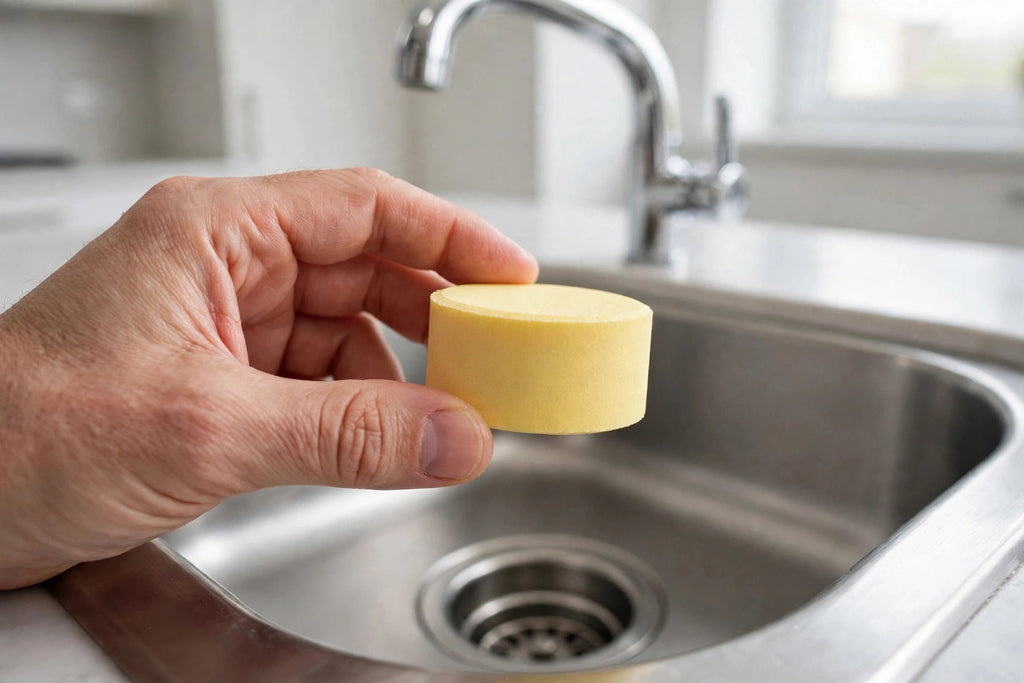 Holding a garbage disposal cleaner tablet over a stainless kitchen sink drain