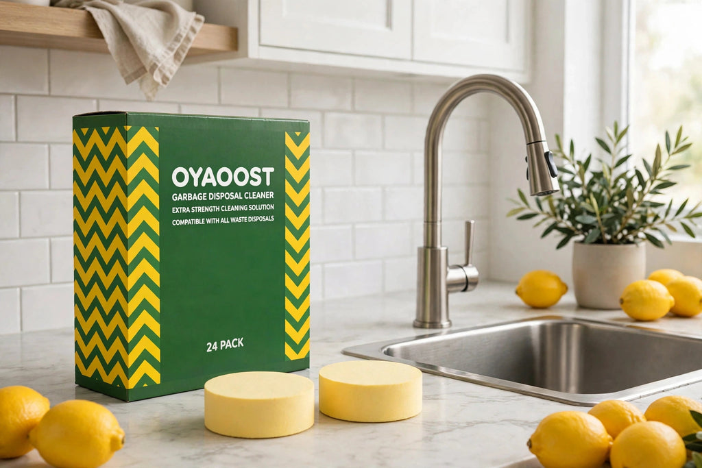Box of garbage disposal cleaner tablets and tablets on a counter beside a stainless kitchen sink