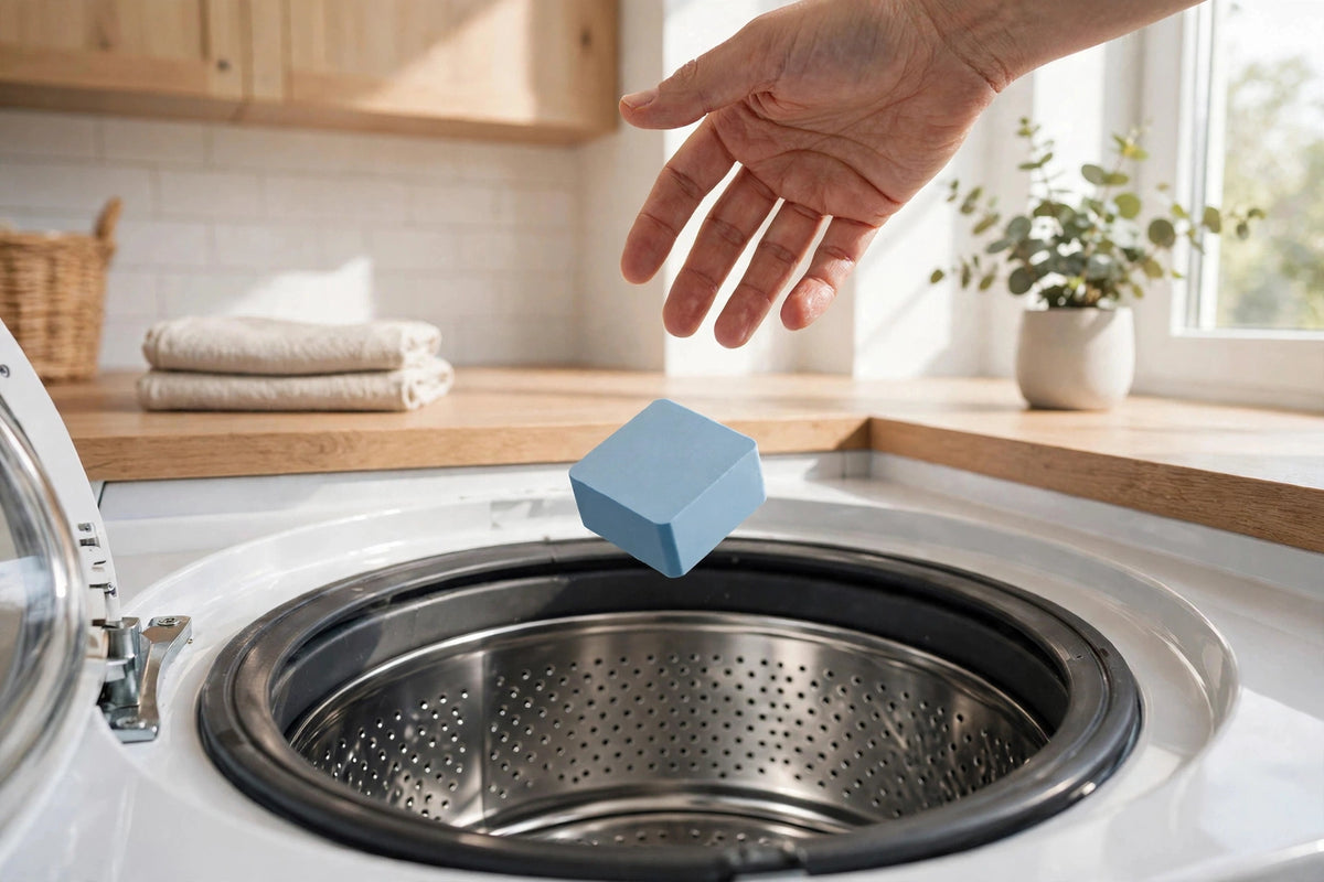 Dropping a cleaner tablet into a front-load washing machine drum