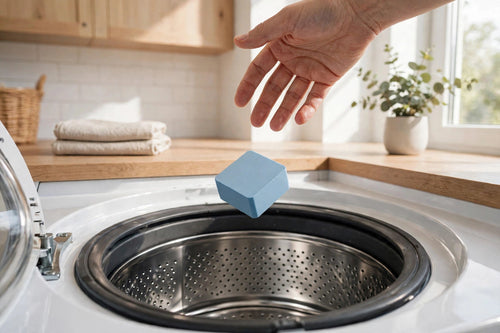 Dropping a cleaner tablet into a front-load washing machine drum