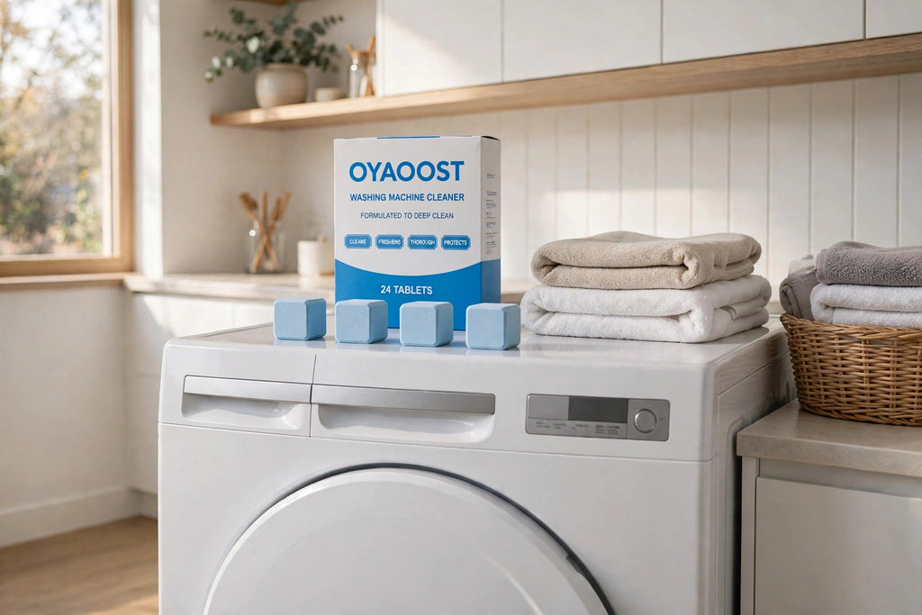 Box of cleaner tablets and tablets on a front-load washing machine in a bright laundry room