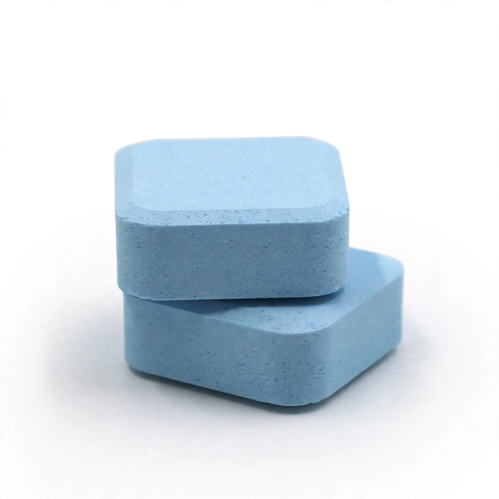 Stacked blue and white washing machine cleaner tablets